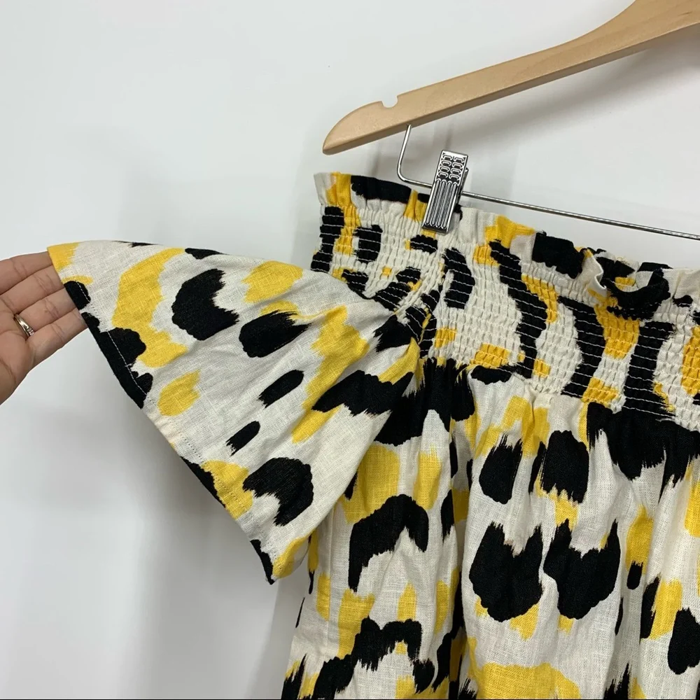 Who What Wear Linen Graphic Cat Smocked Off The Shoulder Short Sleeve Blouse Nwt - Picture 9 of 16